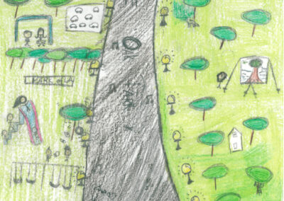 Artwork depicting a community street of houses and trees with words that read The trees in my community are an urban forest