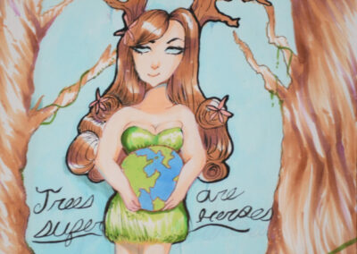 Artwork depicting two trees with a girl branching out of the trees holding the earth and words saying Trees are Superheroes