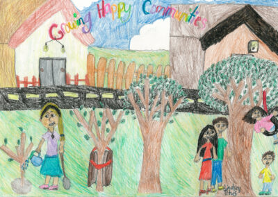 Art depicting a girl planting a tree and children playing in a mature tree with houses in the background with words that say growing happy communities