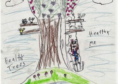 Artwork depicting a large trees with birds and wild life on the branches, and a tree swing with a girl smiling with words reading Healthy Trees Healthy Me