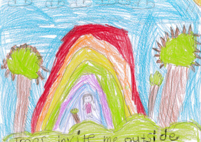 Image showing trees a rainbow and a little girl with words reading "Trees invite me outside"