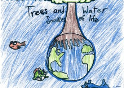 Artwork depicting a tree with roots growing around the earth with words that read Trees and Water Sources of Life