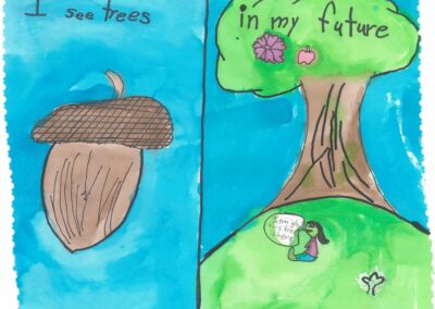 Children's artwork depicting an acorn and a tree with a child sitting below it with words that read " I see trees in my future"
