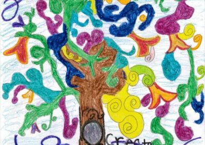 Art work depicting a tree colorful branches and words that say "Trees Create Cool Communities"