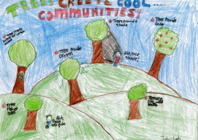 Artwork depicting trees and children with writing describing how trees create cool communities