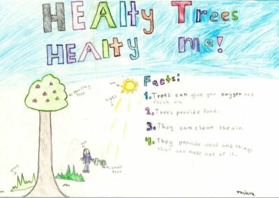 Artwork Depicting a fruit tree and young girl watering a small tree with facts about trees listed and the title reading Healthy Trees Healthy Me