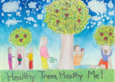 Children and families outside under trees with white puffy clouds above them. Words that read Healthy Trees, Healthy Me!