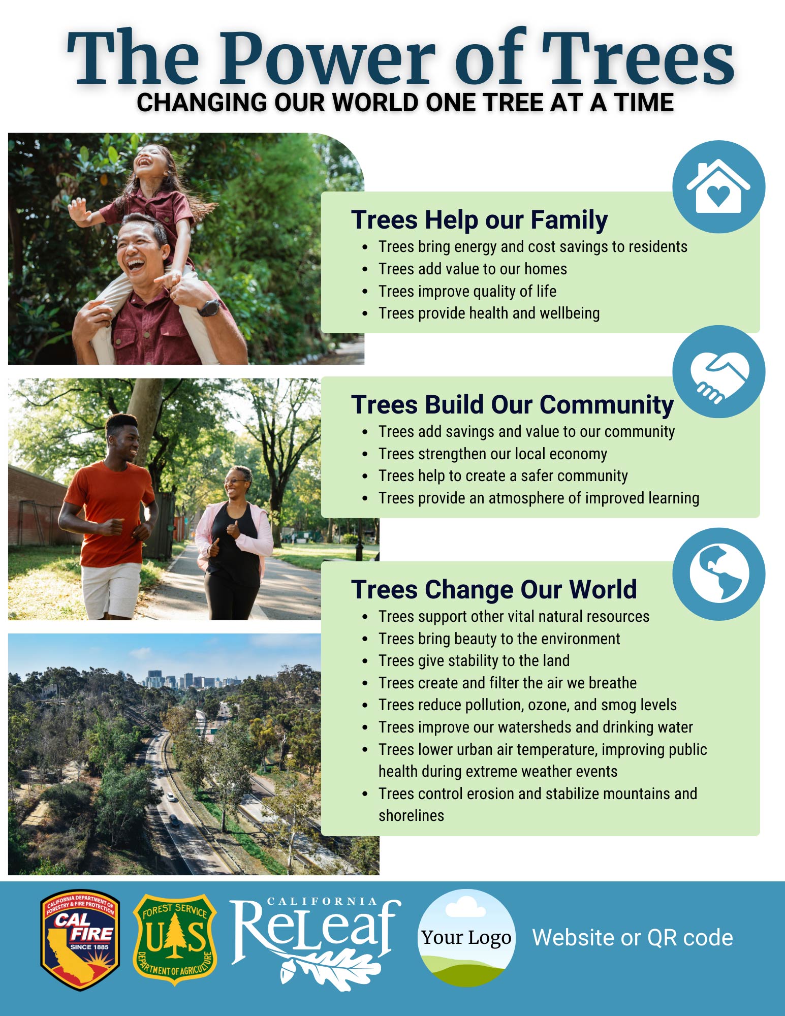 The Power of Trees Flyer Template preview image featuring information about the benefit of trees as well as images of trees and people