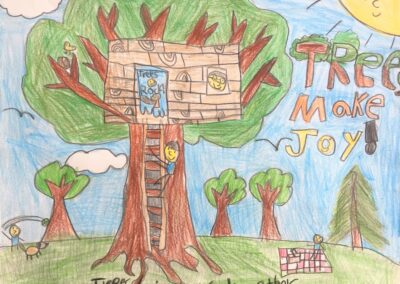 tree with a treehouse and sunshine and words saying "Trees Make Joy!"