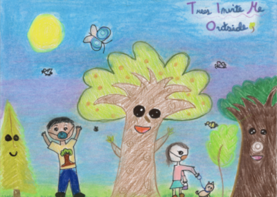 Children, butterflies, and birds around a tree with text reading "Trees invite me outside"
